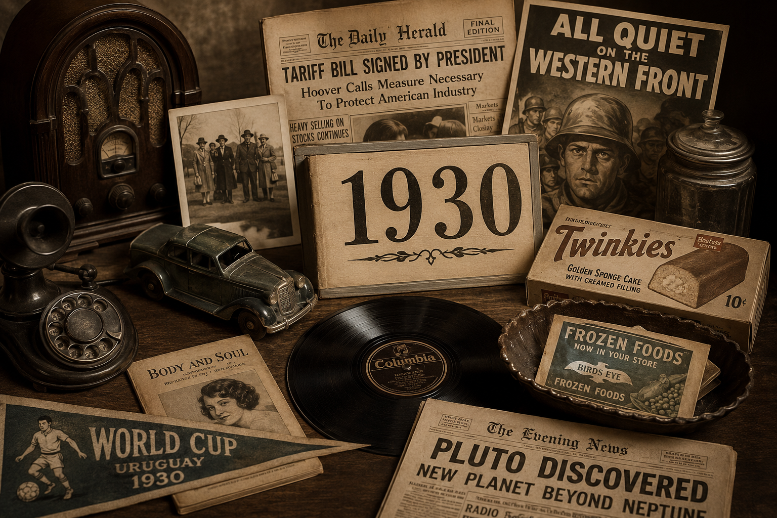 1930 nostalgia image with vintage radio, newspaper headlines, record, toy car, old photographs, World Cup pennant, frozen food sign, snack cake box, and large 1930 text