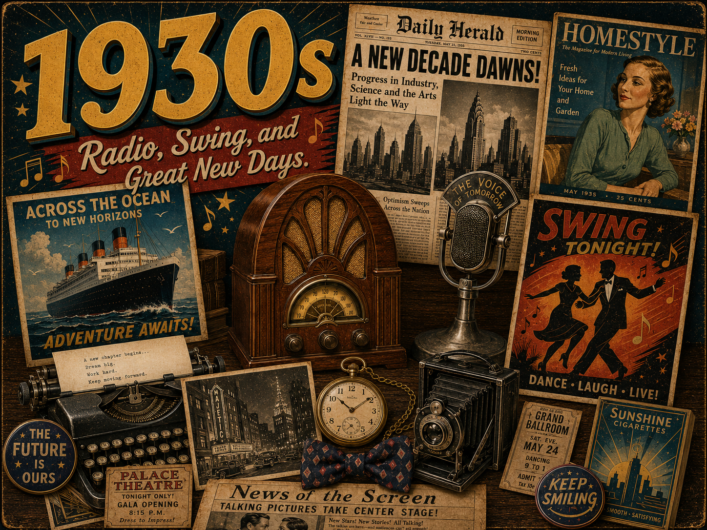 1930s nostalgia collage with vintage radio, newspaper, ocean liner poster, theatre marquee, microphone, typewriter, old camera, classic car, and swing music poster