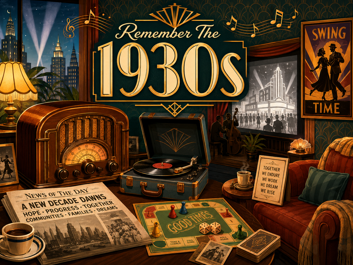 Colorful 1930s nostalgia hero image with a vintage radio, movie theater style, household memories, newspaper stack, toys, food, fashion details, and large 1930s text.