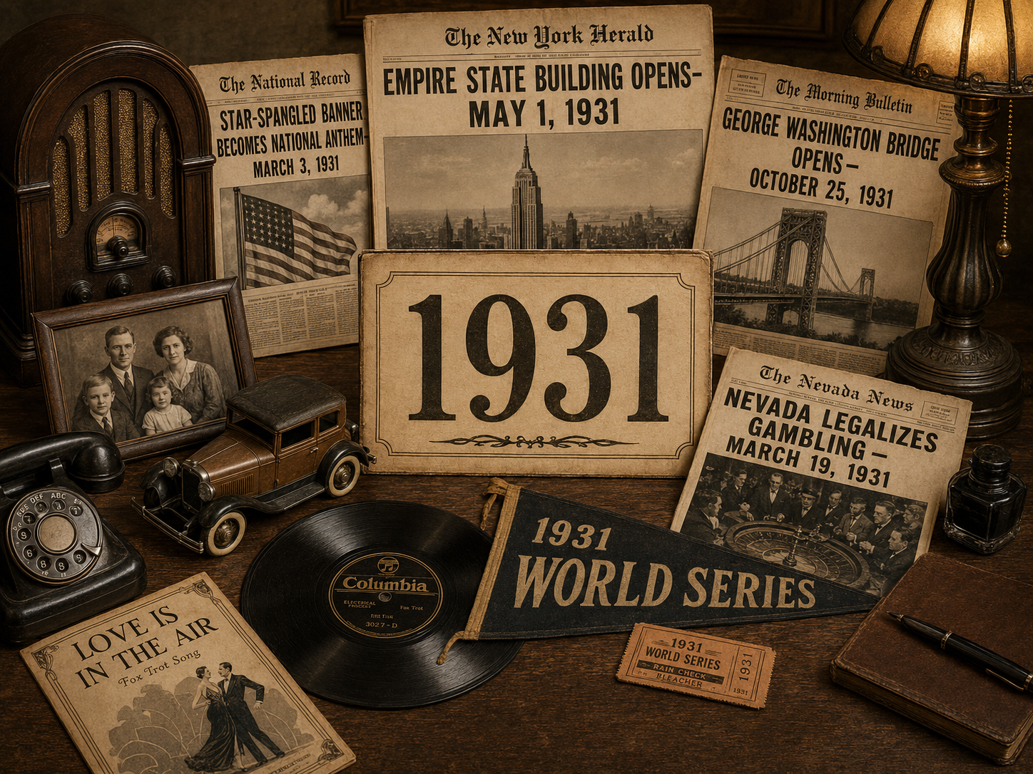 1931 nostalgia image with a large 1931 sign, vintage radio, family photo, old car, record, newspaper headlines, Empire State Building opening, national anthem headline, George Washington Bridge opening, Nevada gambling headline, and World Series memorabilia