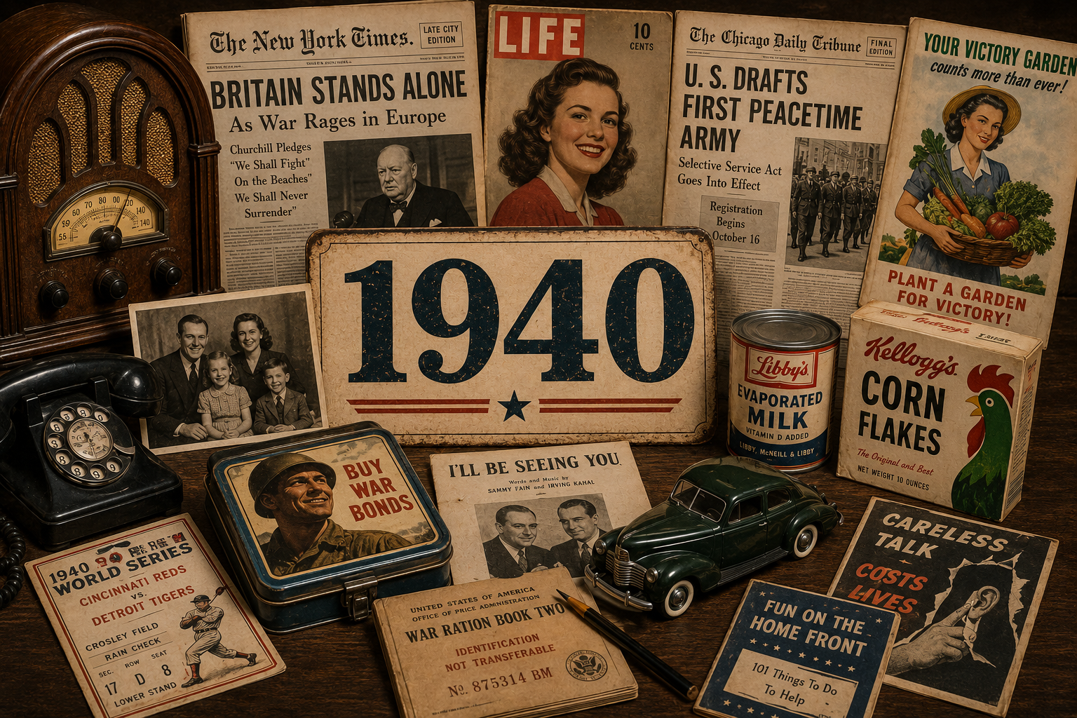 1940 nostalgia image with a large 1940 sign, vintage radio, rotary phone, family photo, old car, newspaper headlines, Britain wartime headline, U.S. draft headline, radio music sheet, World Series ticket, and home front memorabilia