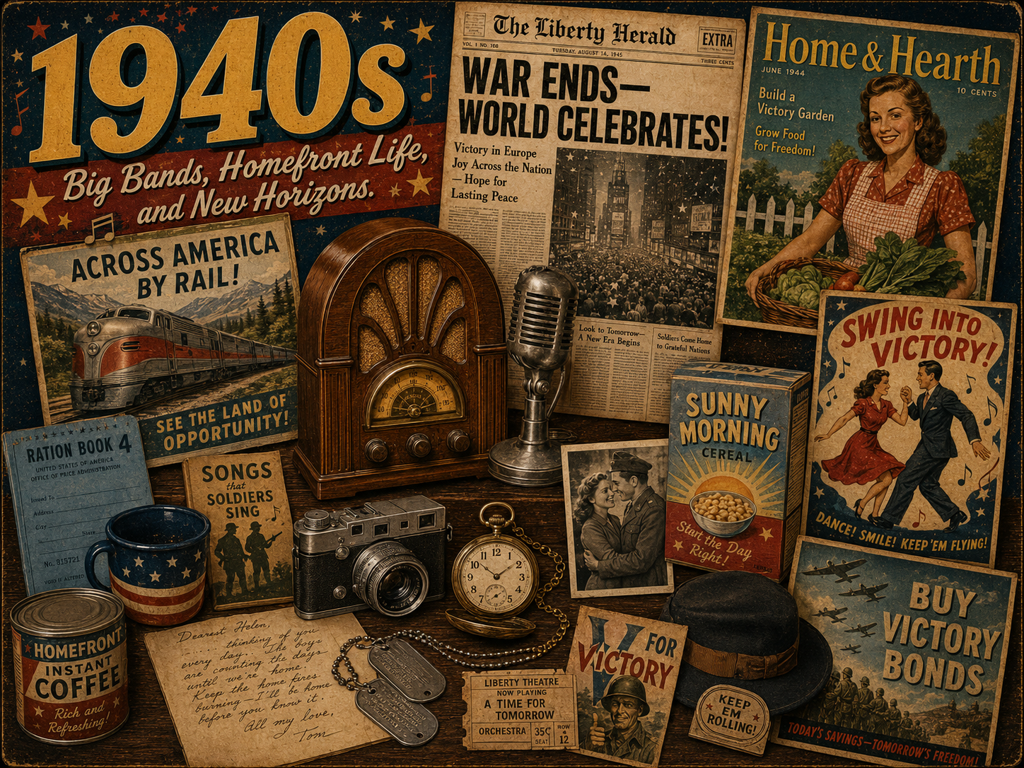 1940s nostalgia collage with vintage radio, wartime newspaper, homefront magazine, ration book, train poster, cereal box, old camera, victory posters, and dance poster