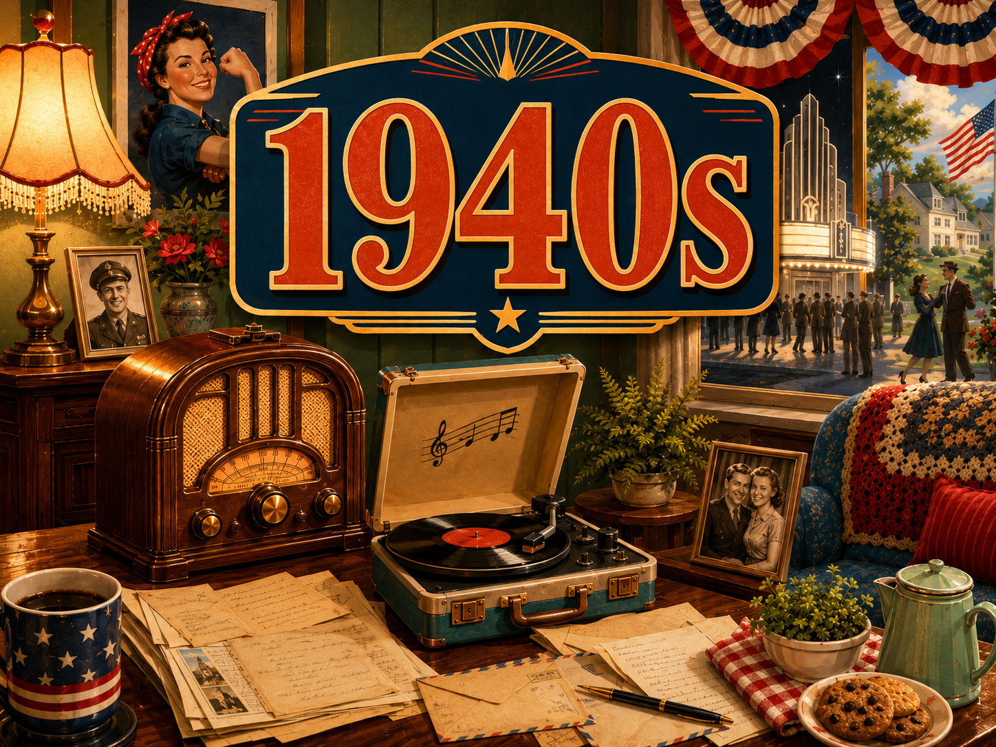 Colorful 1940s nostalgia hero image with vintage radio, records, family photos, newspapers, home-front memories, classic fashion details, and large 1940s text.