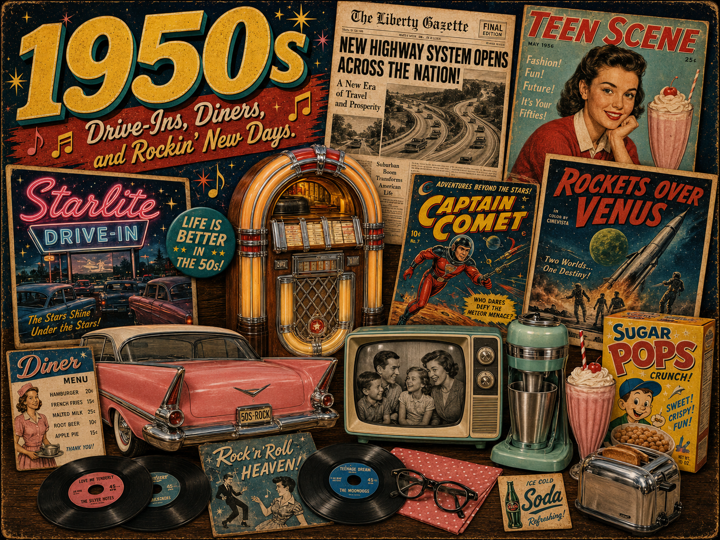 1950s nostalgia collage with drive-in theater, jukebox, pink classic car, old television, milkshake, diner menu, comic book, cereal box, soda sign, and vinyl records