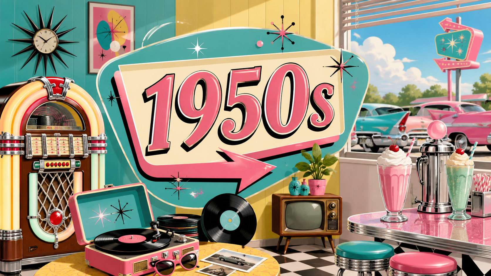 Colorful 1950s nostalgia hero image with a jukebox, vintage television, diner details, records, milkshakes, classic car style, and large 1950s text.
