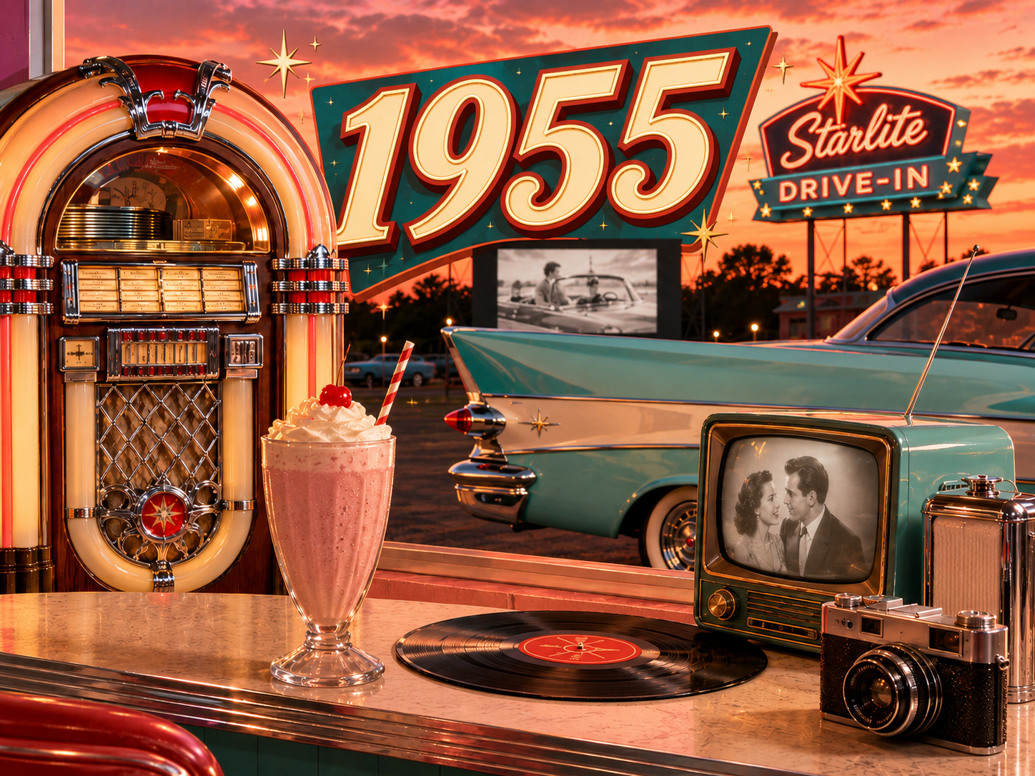 1955 nostalgia image with drive-in theater, jukebox, classic car, milkshake, vinyl record, vintage television, and camera at sunset