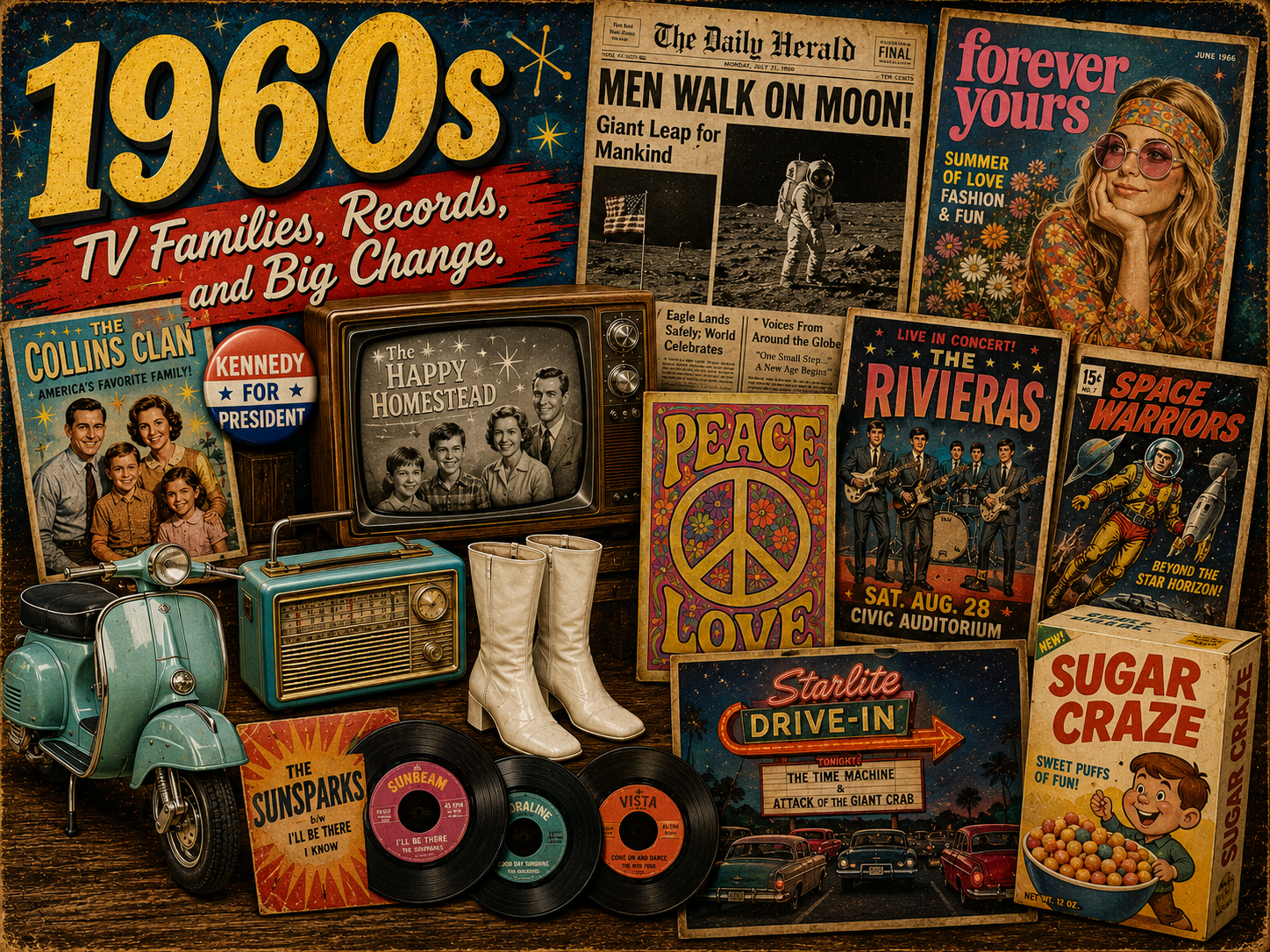 1960s nostalgia collage with classic television, moon landing newspaper, peace poster, scooter, transistor radio, white boots, vinyl records, drive-in sign, cereal box, and fictional band posters