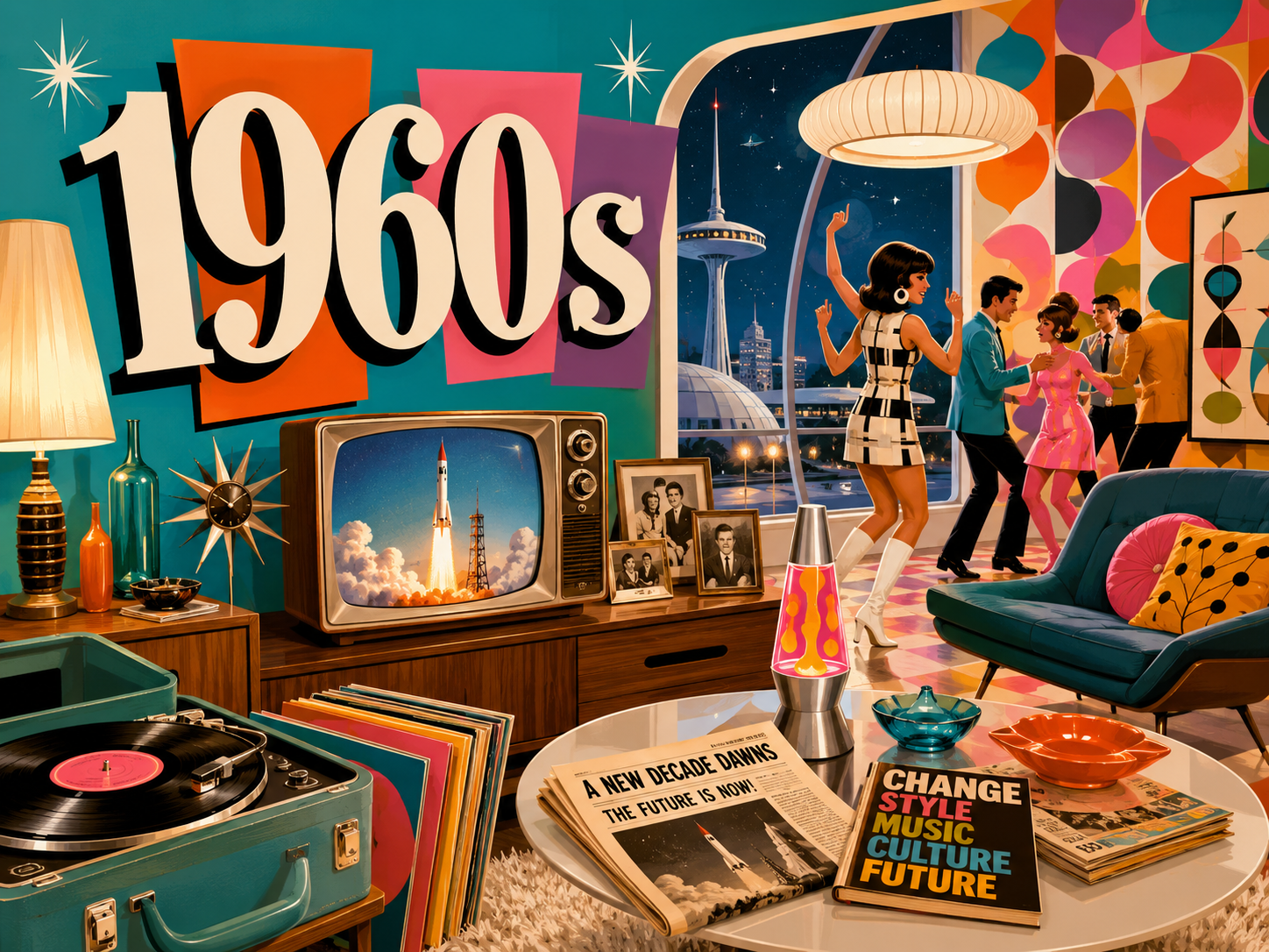 Colorful 1960s nostalgia hero image with a vintage TV, record player, vinyl records, mod decor, space-age window view, dance party scene, bold patterns, and large 1960s text.