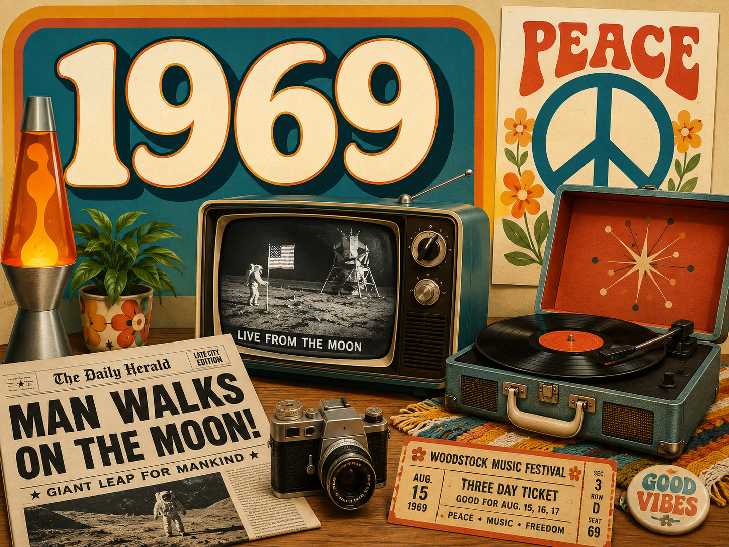 1969 nostalgia image with moon landing newspaper, vintage television, record player, peace poster, lava lamp, camera, Woodstock-style music ticket, and retro flower-power details