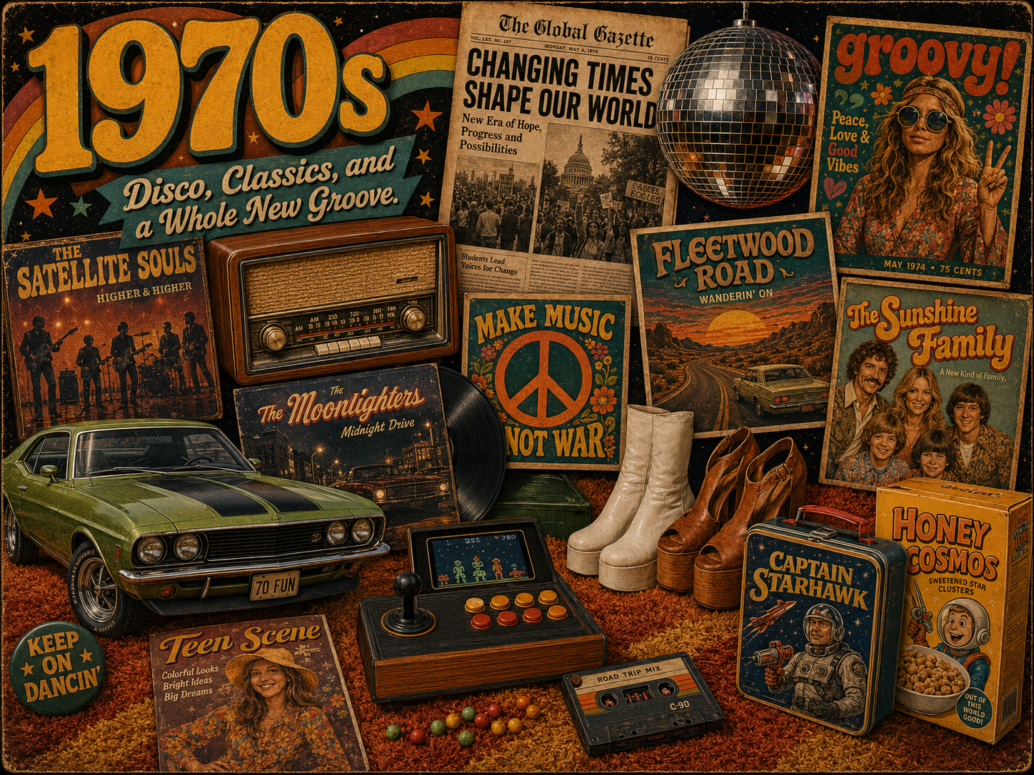 1970s nostalgia collage with disco ball, vinyl records, muscle car, radio, peace poster, platform shoes, cassette tape, lunchbox, cereal box, arcade game, and fictional magazine covers