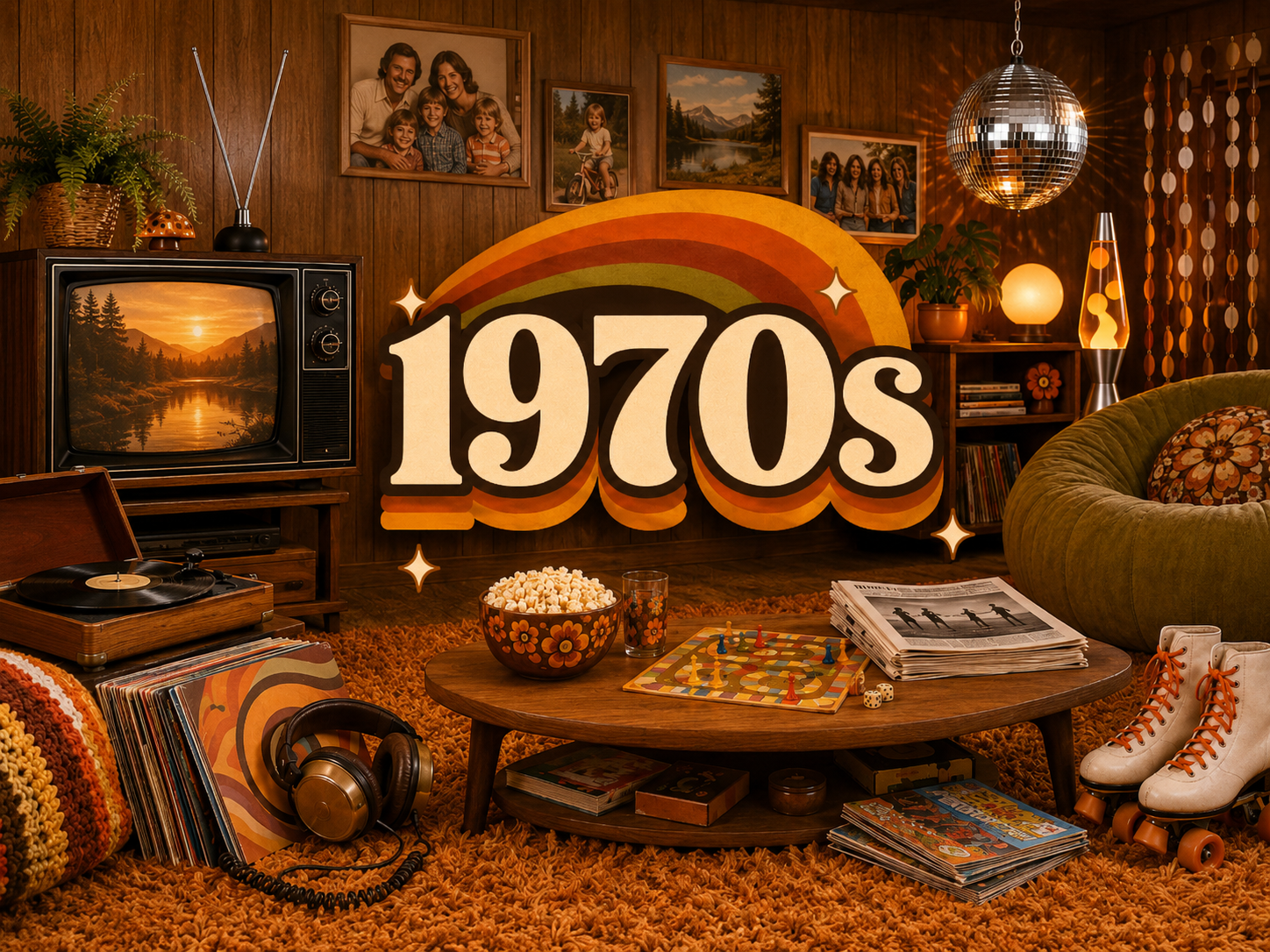 Colorful 1970s nostalgia hero image with a wood-paneled living room, vintage TV, record player, vinyl records, shag carpet, roller skates, disco ball, family photos, popcorn, board game, and large 1970s text.