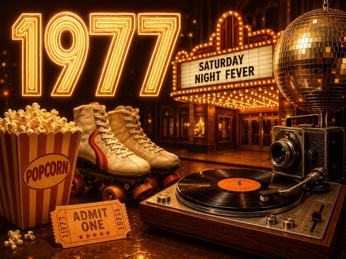 1977 nostalgia image with glowing 1977 sign, Saturday Night Fever theater marquee, disco ball, roller skates, popcorn, movie ticket, vinyl record player, and vintage camera