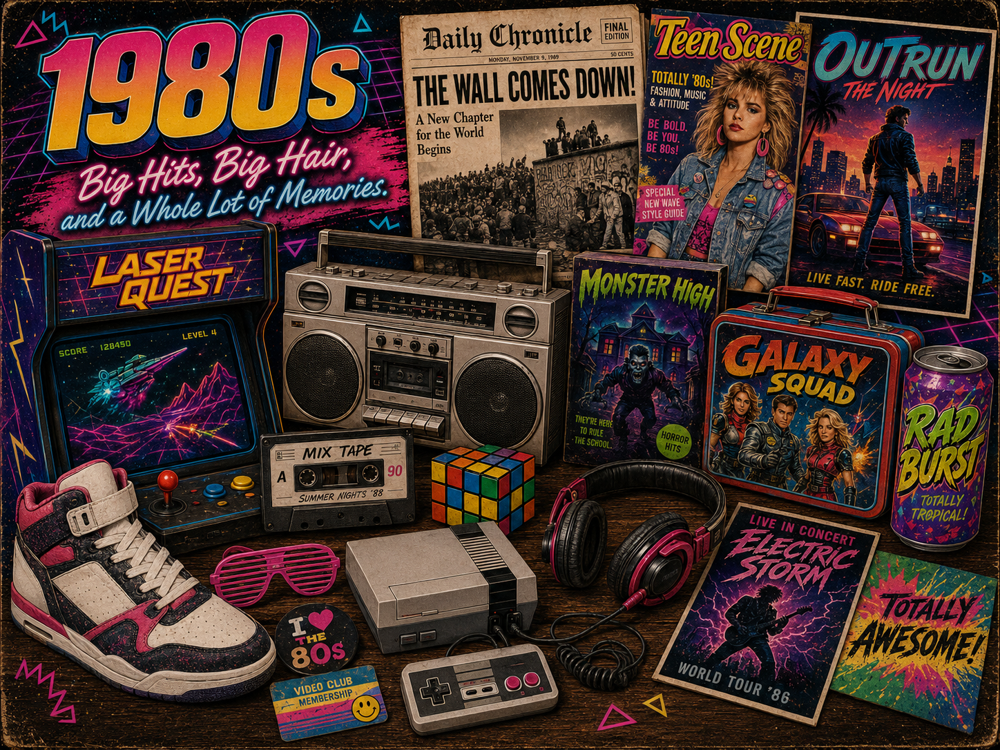 1980s nostalgia collage with neon arcade cabinet, boombox, cassette tape, cube puzzle, sneakers, headphones, game console, lunchbox, soda can, fictional concert poster, and teen magazine