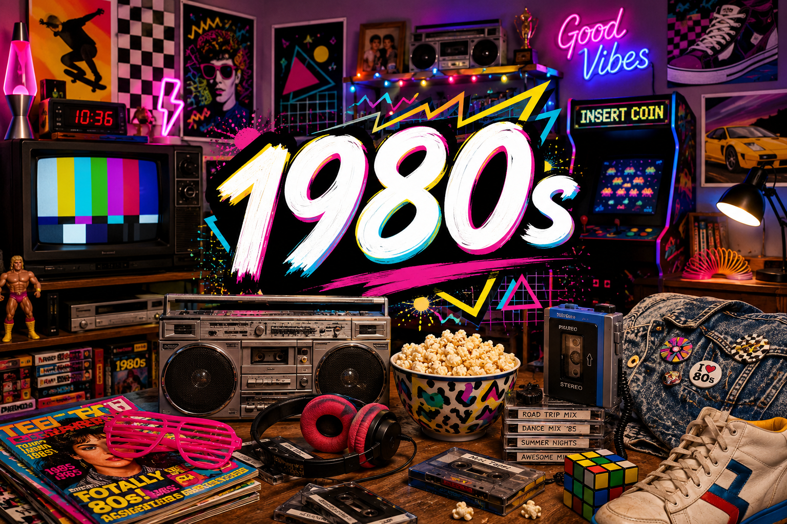 Colorful 1980s nostalgia hero image with a neon arcade room, boombox, cassette tapes, vintage TV, headphones, checkerboard patterns, popcorn, denim jacket, sneakers, puzzle cube, and large 1980s text.