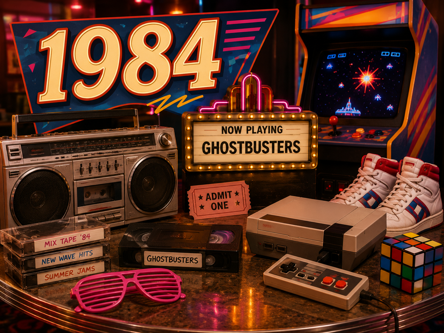 1984 nostalgia image with large 1984 sign, boombox, arcade game, movie marquee, game console, VHS tape, cassette tapes, sneakers, sunglasses, and bright 1980s colors