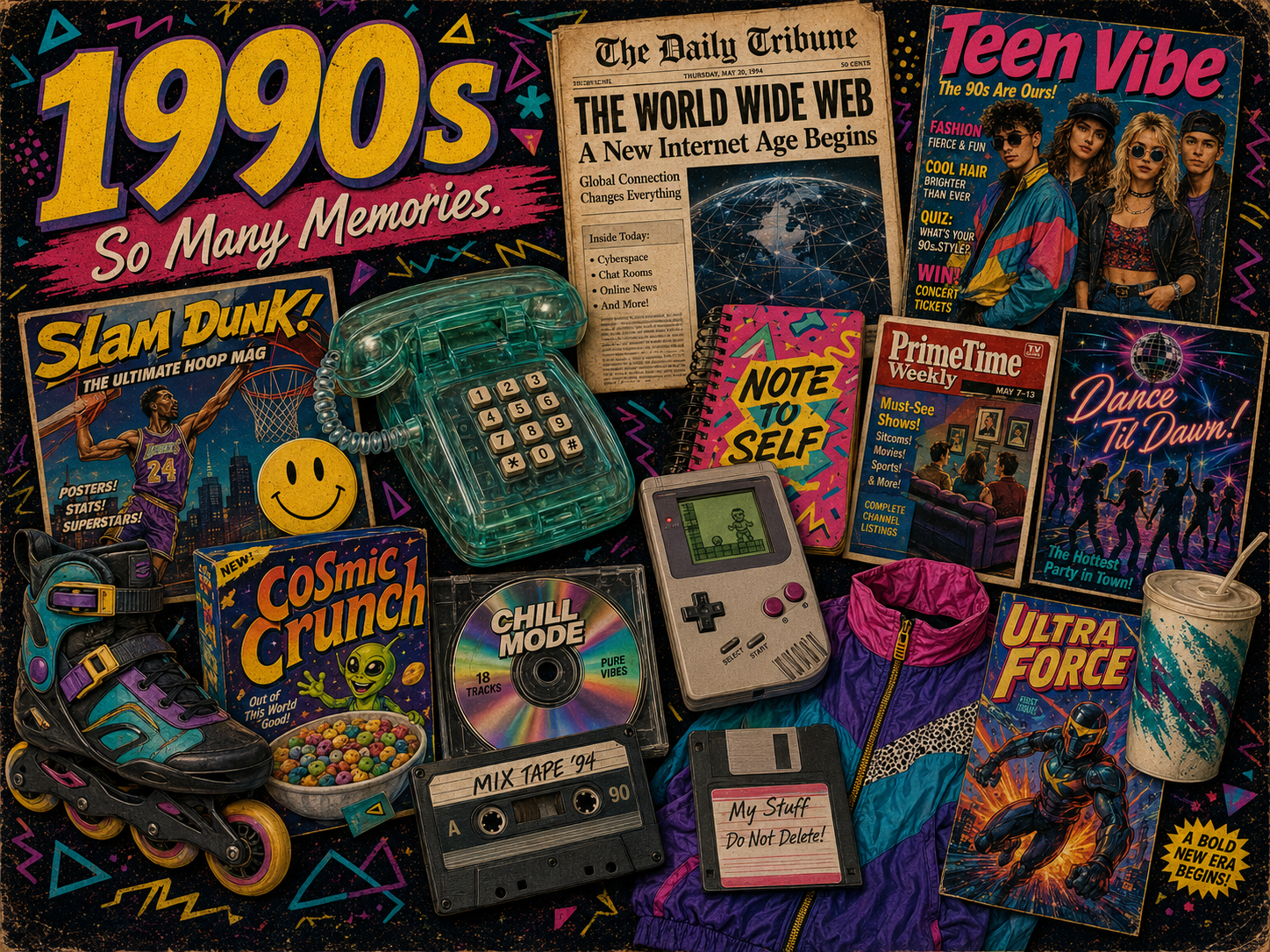 1990s nostalgia collage with clear phone, rollerblades, cassette tape, CD, handheld game, floppy disk, colorful windbreaker, fictional magazines, cereal box, and bright retro patterns