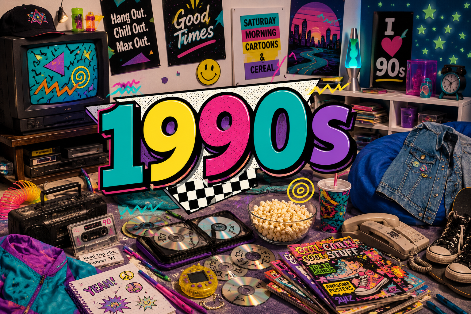 Colorful 1990s nostalgia hero image with a chunky TV, VCR, boombox, cassette tape, CDs, corded phone, denim jacket, sneakers, glow stars, popcorn, school notebook, abstract posters, and large 1990s text.