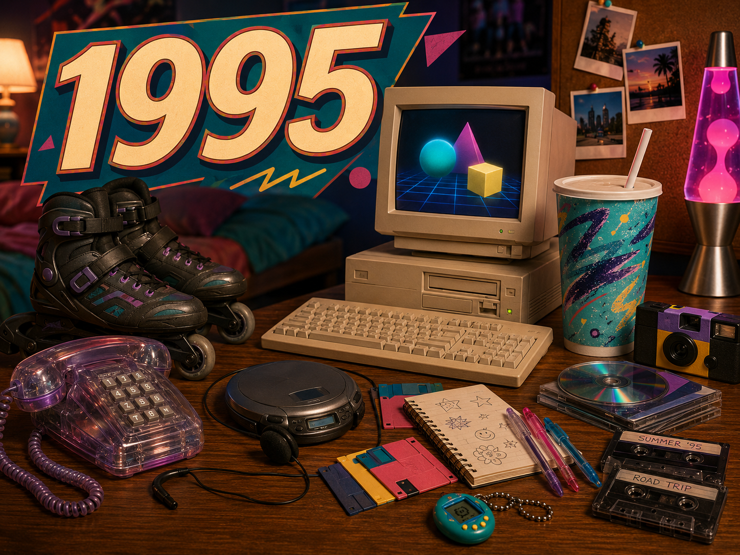 1995 nostalgia image with large 1995 sign, translucent phone, rollerblades, desktop computer, portable CD player, floppy disks, cassette tapes, notebook, disposable camera, lava lamp, and colorful 90s bedroom items
