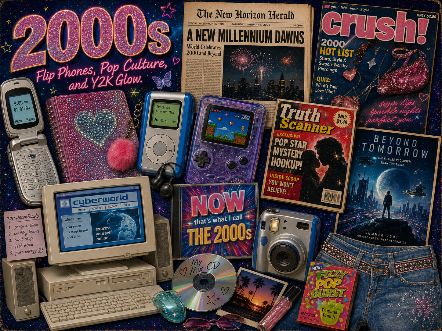 2000s nostalgia collage with flip phone, glitter notebook, MP3 player, handheld game, desktop computer, CD, digital camera, low-rise jeans, lip gloss, fictional magazines, and Y2K style