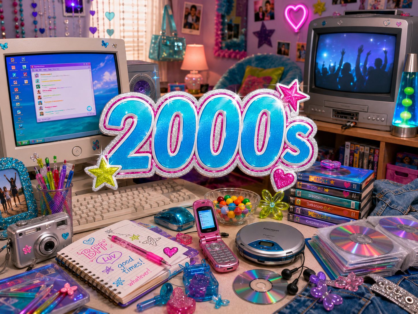 Colorful 2000s nostalgia hero image with a chunky computer, flip phone, digital camera, CDs, DVD cases, portable music player, gel pens, glittery accessories, chunky TV, and large 2000s text.