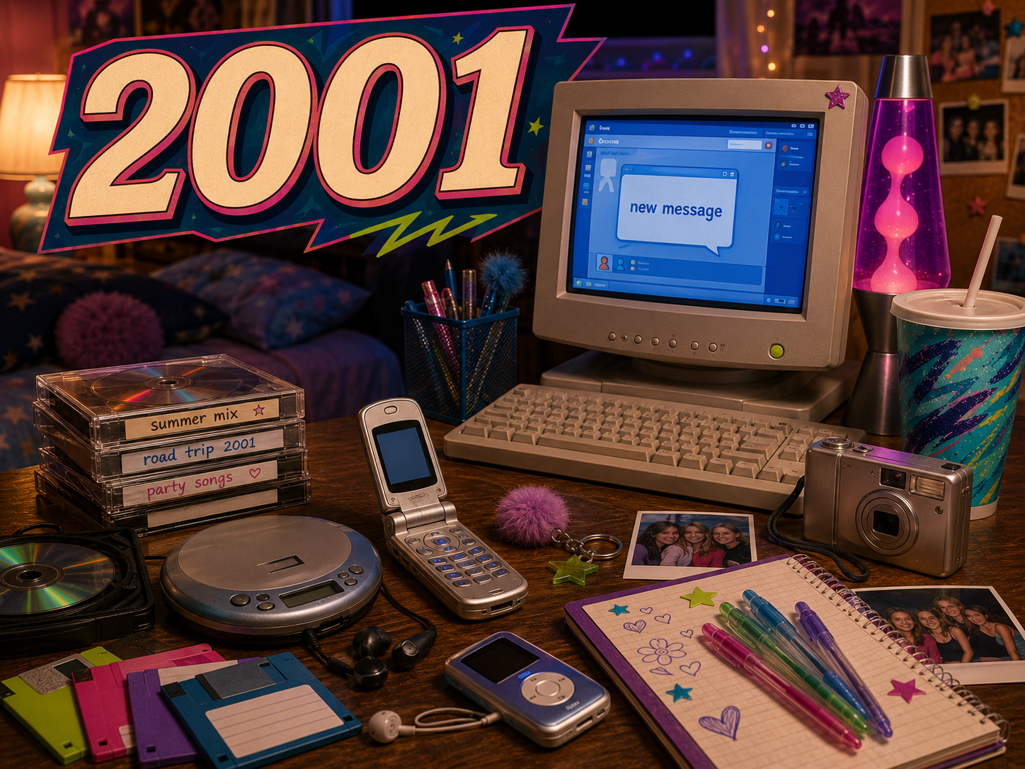 2001 nostalgia image with large 2001 sign, desktop computer with new message screen, flip phone, portable CD player, CDs, floppy disks, digital camera, music player, gel pens, notebook, lava lamp, and early 2000s bedroom desk items