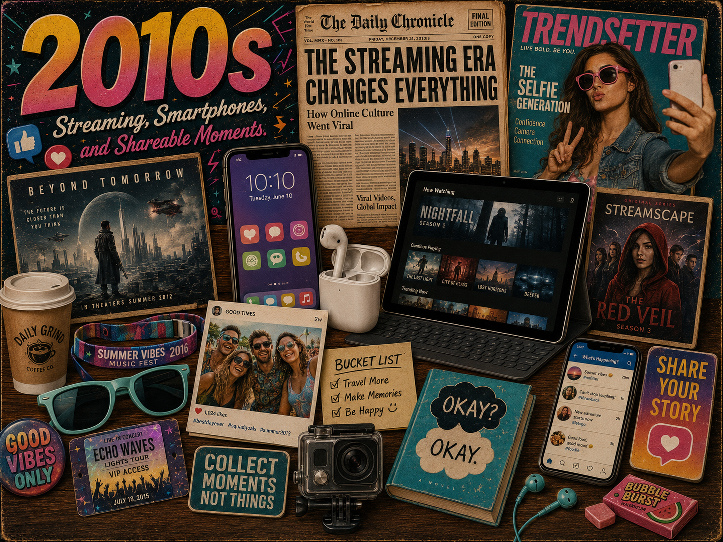 2010s nostalgia collage with smartphone, tablet, earbuds, streaming screen, selfie magazine, coffee cup, sunglasses, action camera, social media-style posts, gum pack, and digital culture graphics