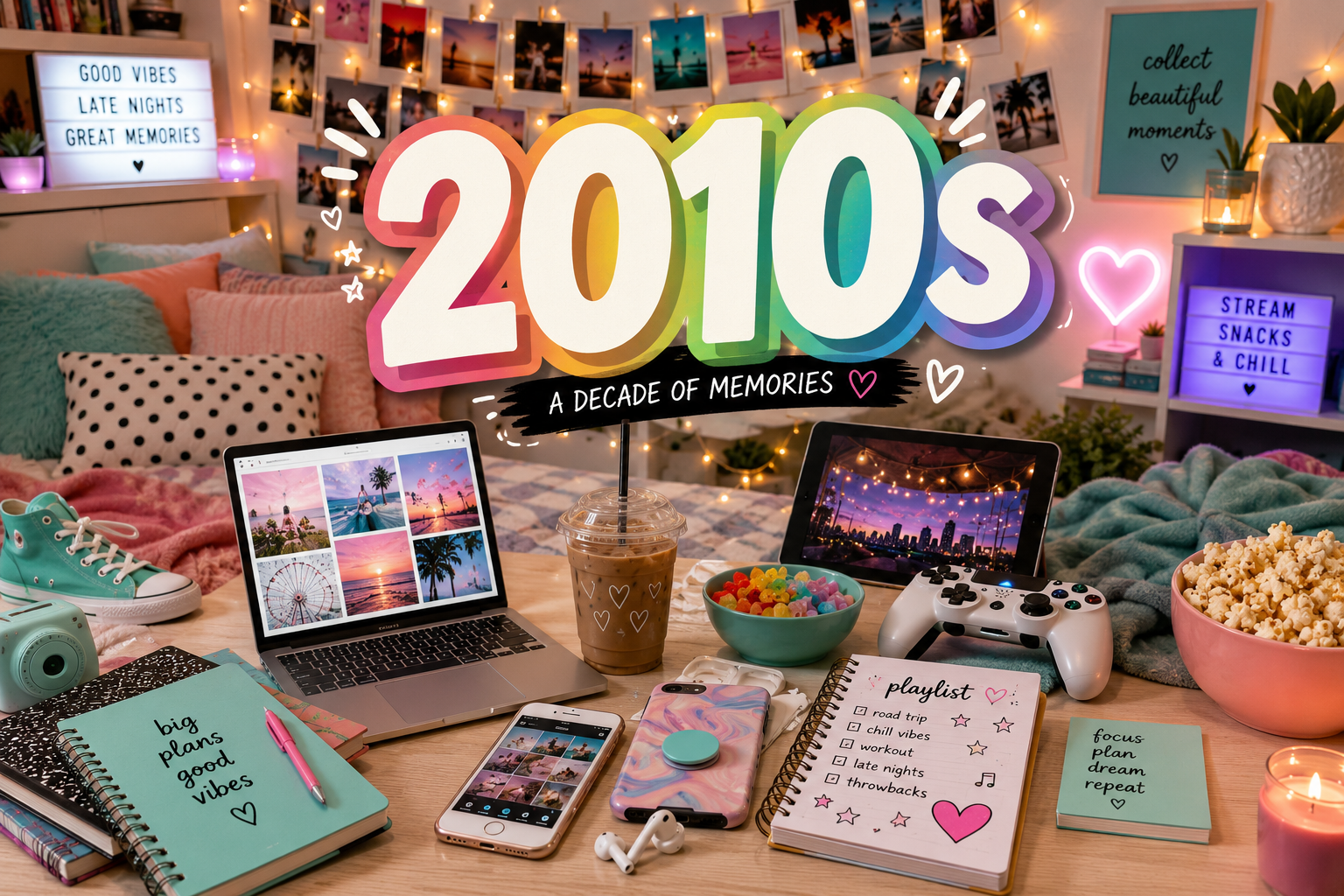 Colorful 2010s nostalgia hero image with a cozy bedroom desk, laptop, smartphone, tablet, earbuds, gaming controller, string lights, photo wall, iced coffee, notebooks, snacks, and large 2010s text.