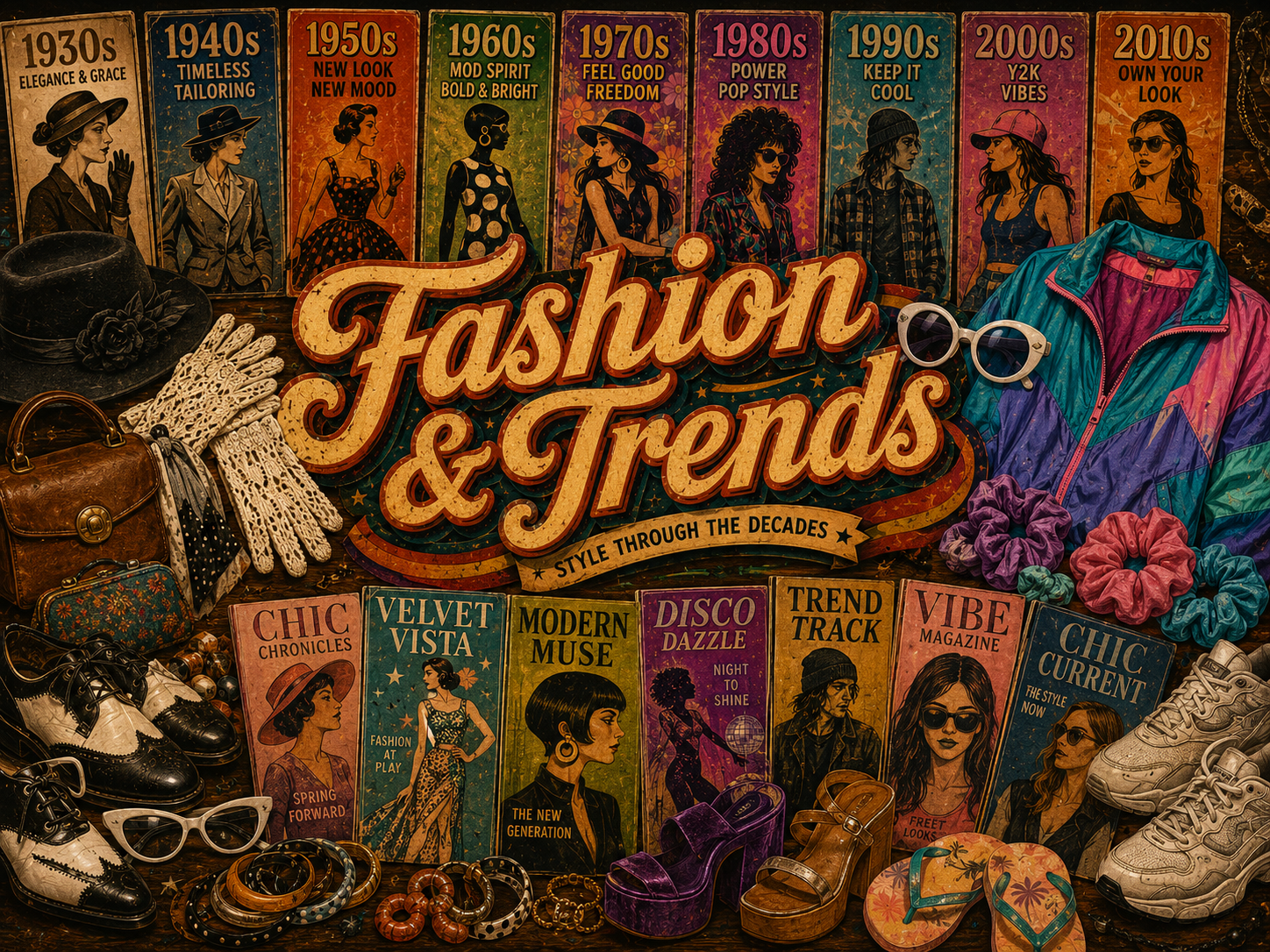 Fashion and trends nostalgia collage with hats, gloves, handbags, sunglasses, platform shoes, sneakers, windbreaker jacket, scrunchies, sandals, jewelry, and fictional fashion magazines from different decades