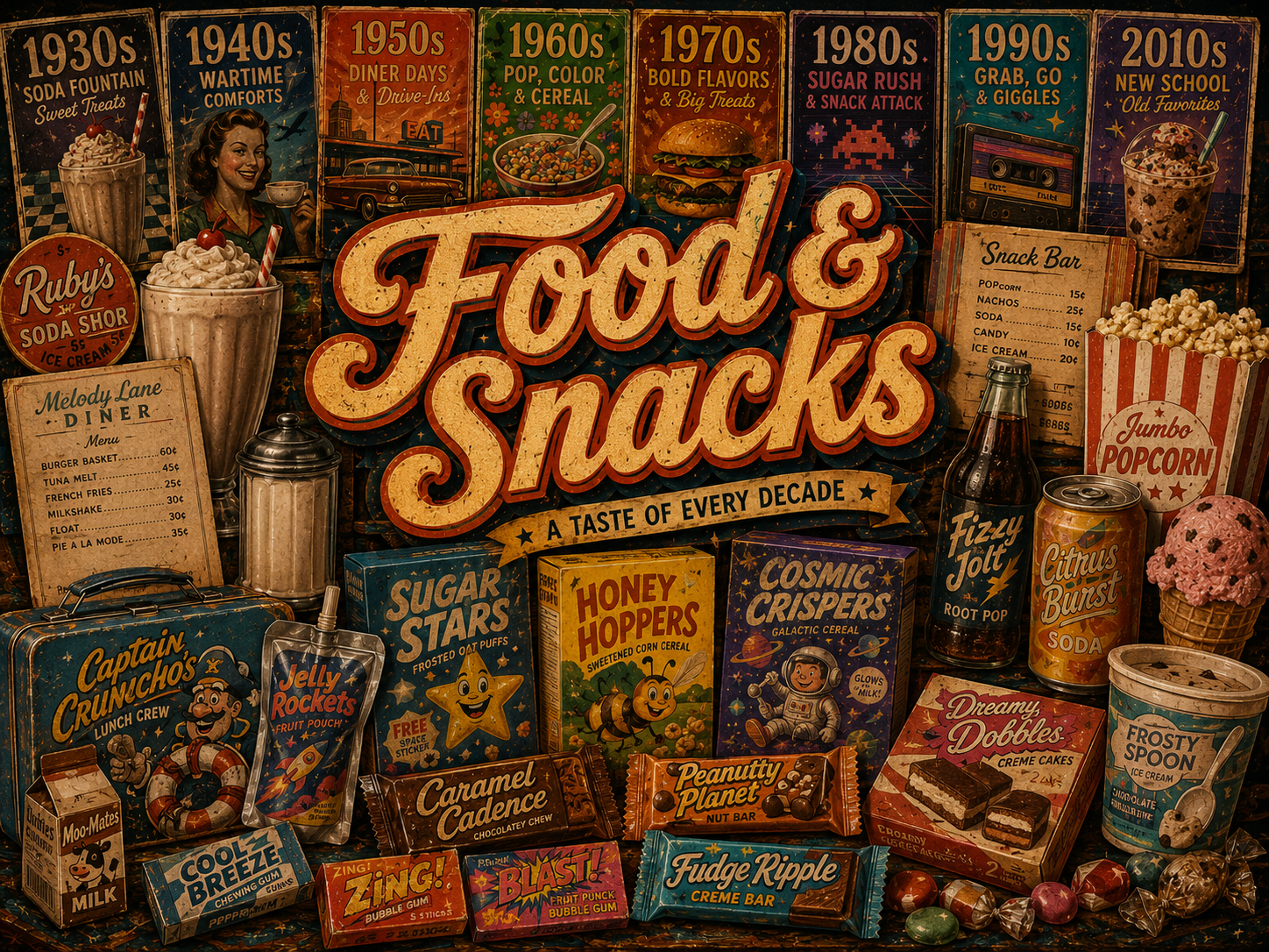 Food and snacks nostalgia collage with milkshakes, diner menu, popcorn, soda bottles, candy bars, cereal boxes, gum, ice cream, lunchbox, snack packages, and fictional treat brands