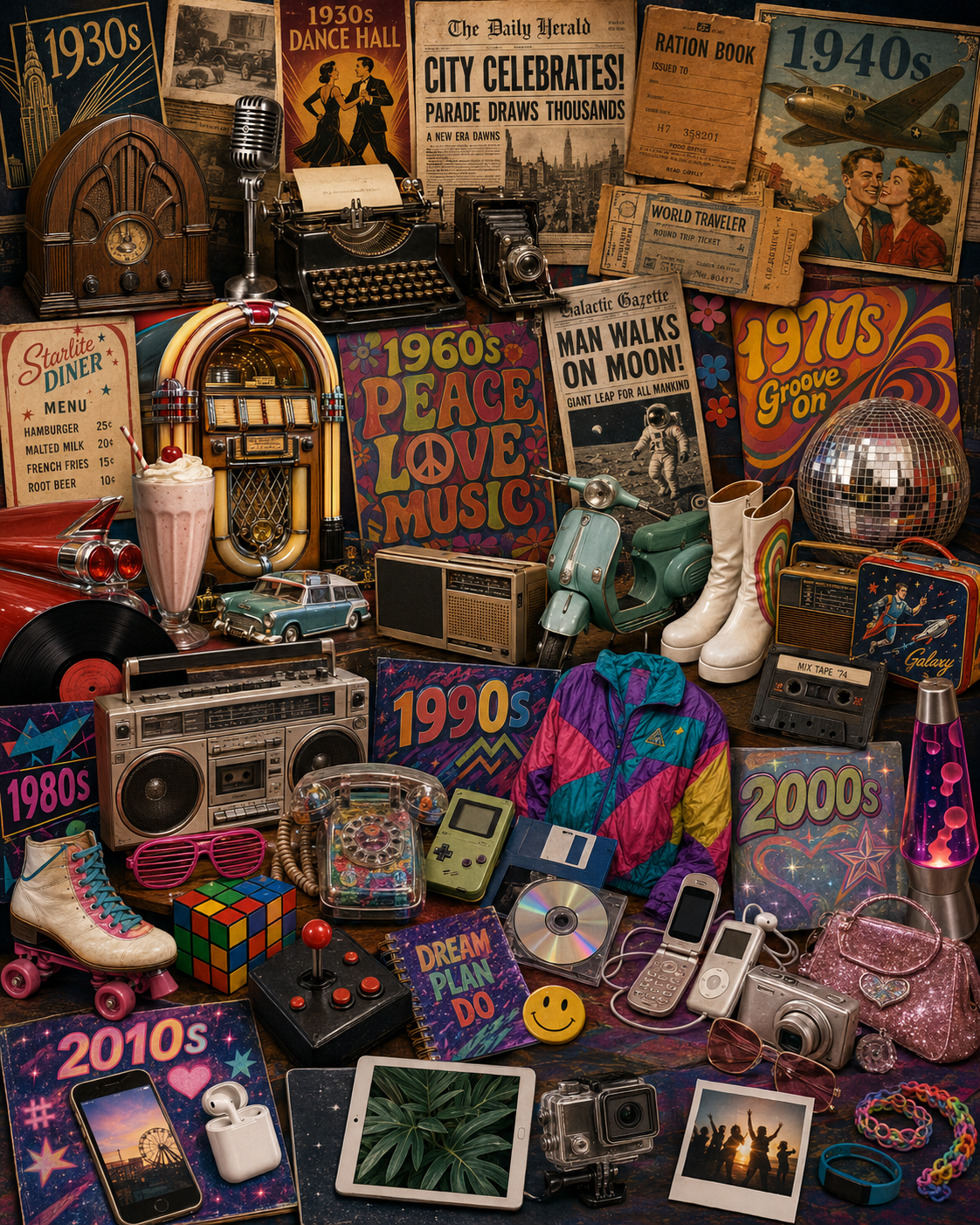 Nostalgia collage with objects from the 1930s through the 2010s, including vintage radio, jukebox, records, disco ball, boombox, cassette tapes, roller skates, flip phone, tablet, and retro decade posters