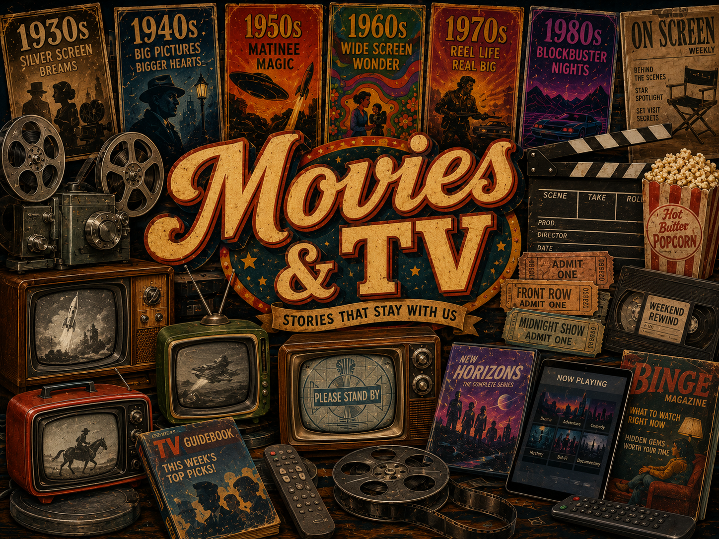 Movies and TV nostalgia collage with vintage televisions, film reels, movie camera, clapperboard, popcorn, tickets, VHS tape, remote controls, and fictional movie and television posters