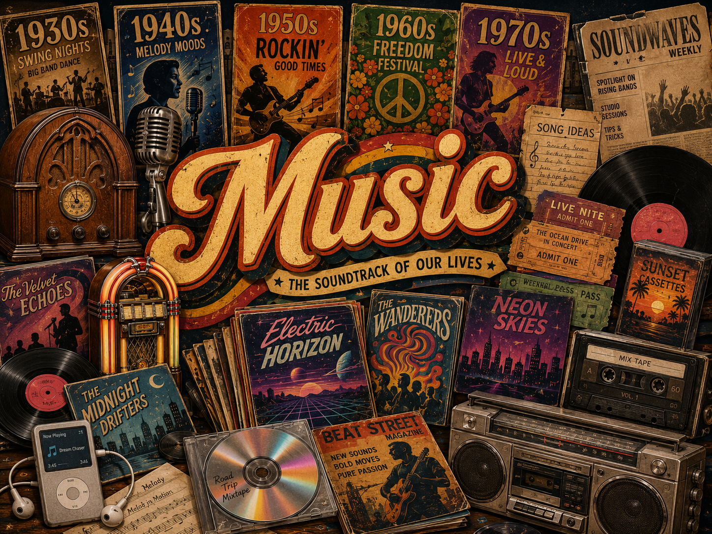 Music nostalgia collage with vintage radio, microphone, jukebox, vinyl records, cassette tape, CD, boombox, concert tickets, sheet music, and fictional music posters from different decades