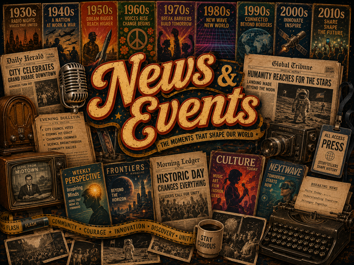 News and events nostalgia collage with vintage newspapers, radio microphone, typewriter, press badge, old television, camera, film photos, space headline, cultural magazines, and fictional historic headlines