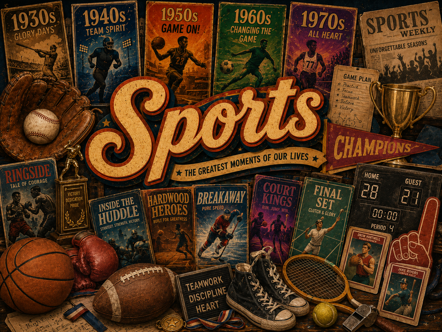 Sports nostalgia collage with baseball glove, basketball, football, tennis racket, trophy, scoreboard, whistle, sneakers, pennants, trading cards, and fictional sports posters from different decades