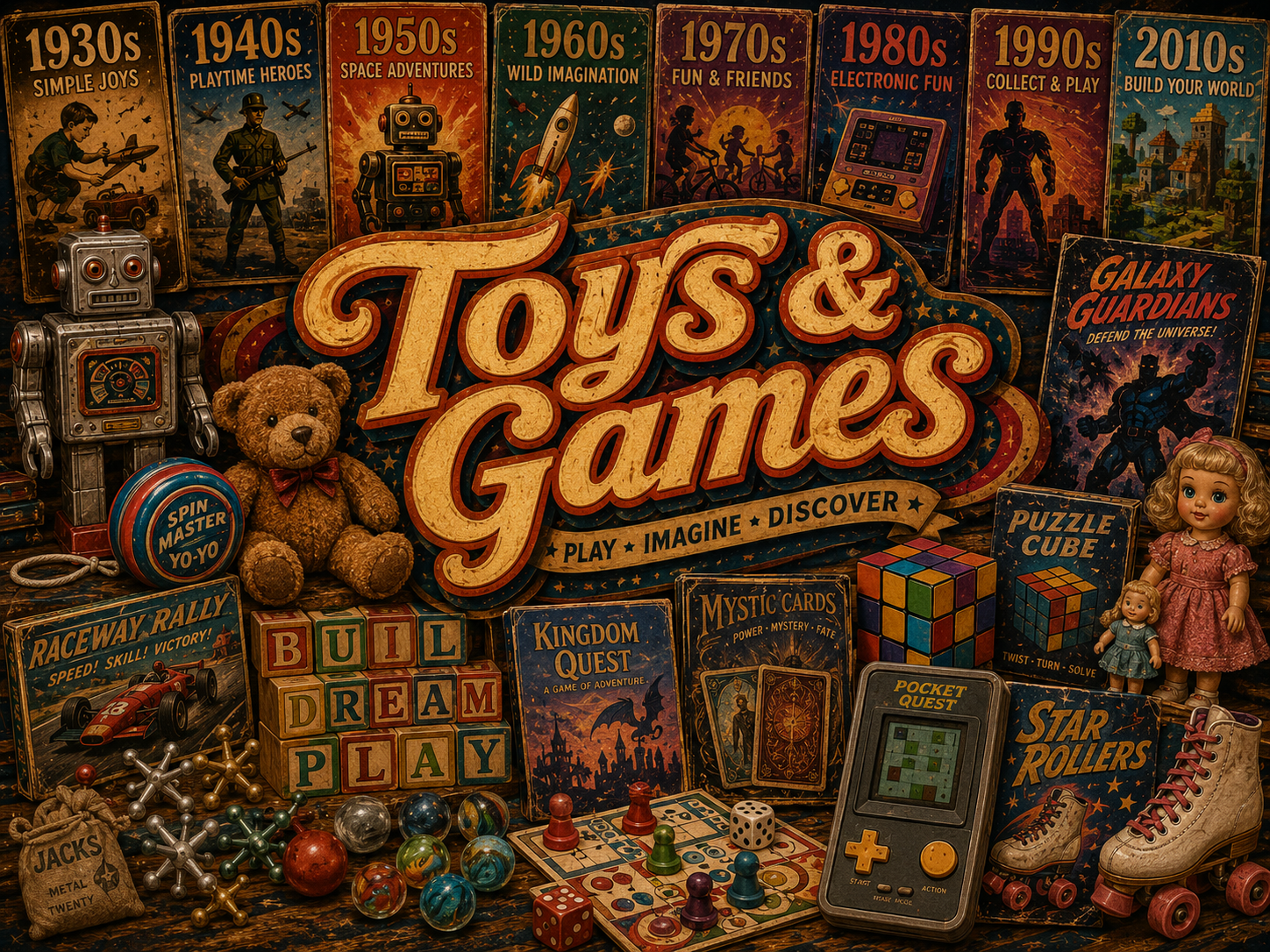 Toys and games nostalgia collage with teddy bear, toy robot, building blocks, marbles, board game pieces, dice, roller skates, handheld game, puzzle cube, toy car, and fictional game posters